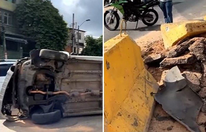 Motorista bate veiculo em bloco de concreot e carro fica tombado na AV Vasco da Gama 