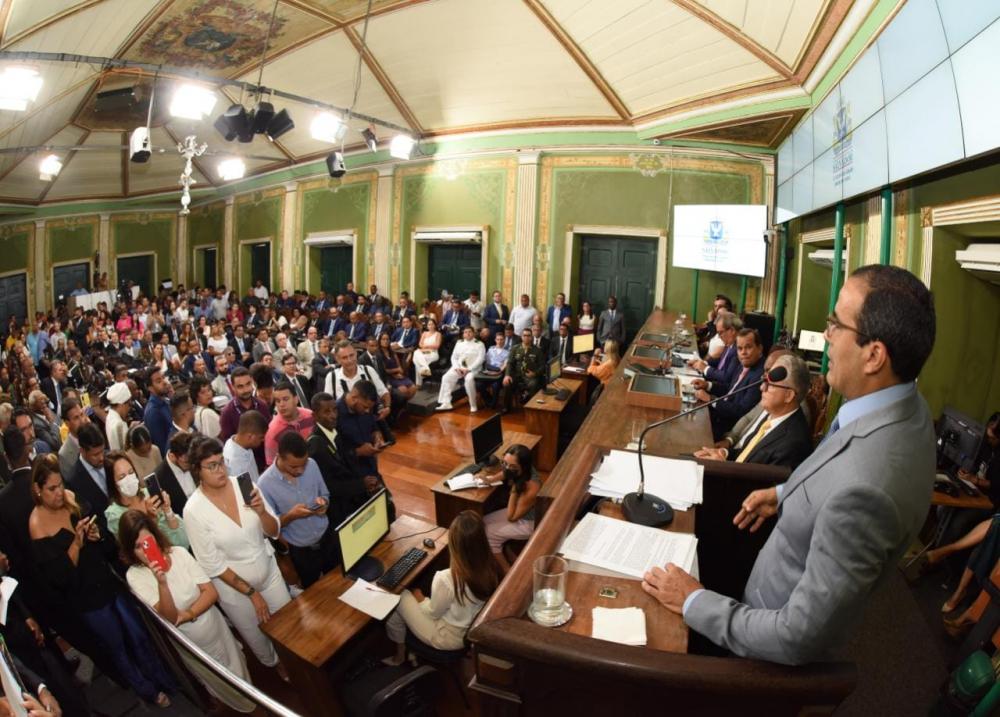 Bruno Reis discursou na abertura dos trabalhos da Câmara dos Vereadores em 2023 e se comprometeu a construir também o Ginásio Multiuso