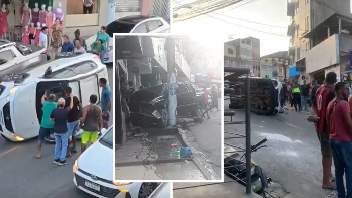 Motorista invade estabelecimento e outro veículo capota após perder controle em Candeias