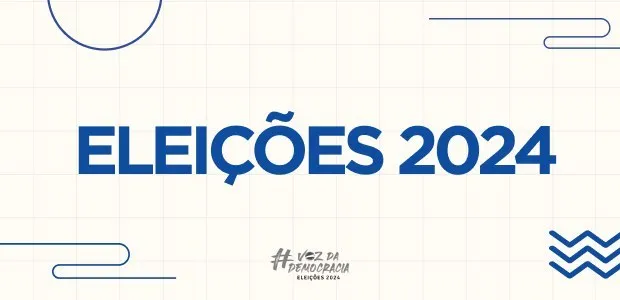  ilustração em fundo bege com o texto em destaque: “Eleições 2024”, na cor azul, acompanhado da logomarca das Eleições 2024 (#VozdaDemocracia)