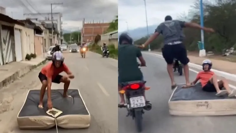 Jovens fazem 'brincadeira' inusitada com colchão e viralizam nas redes sociais; assista