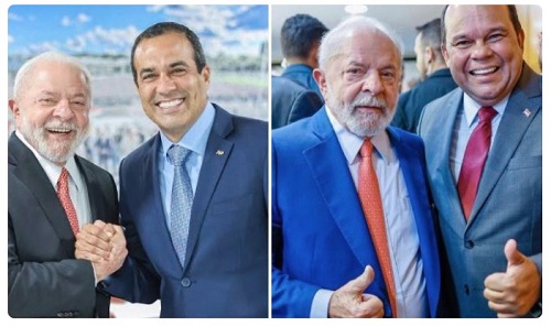 Lula sorridente ao lado de Bruno Reis e com cara feia perto de Geraldo
